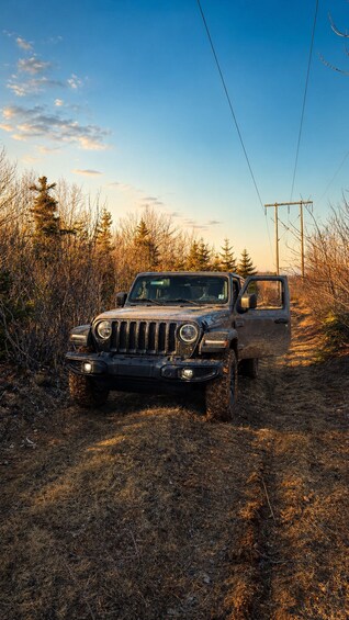 A black off-road vehicle parked on a dirt path with dry grass and sparse trees in the background. 1