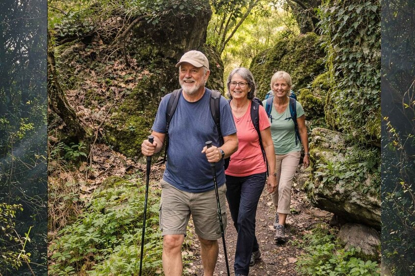 Three people hiking on a forest trail with dense vegetation and rocky terrain. 1