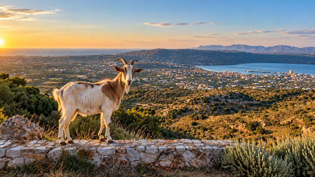 A goat standing on a stone wall overlooking a coastal town with mountains in the background. 1