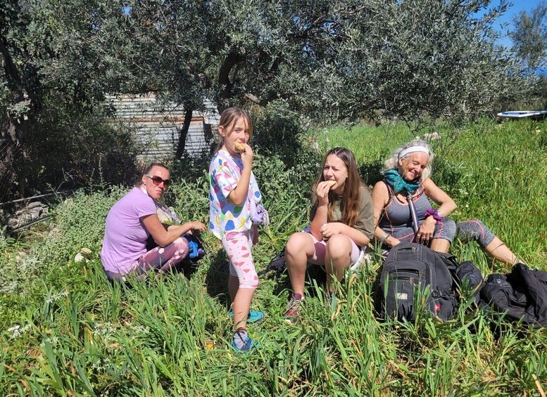 A group of people sitting on grass in a natural setting with trees and a stone wall in the background. 4
