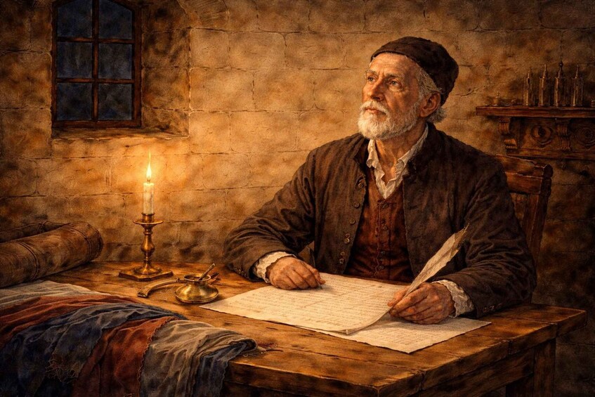 An elderly man writing at a wooden desk with a candle, in a room with stone walls and a window. 4