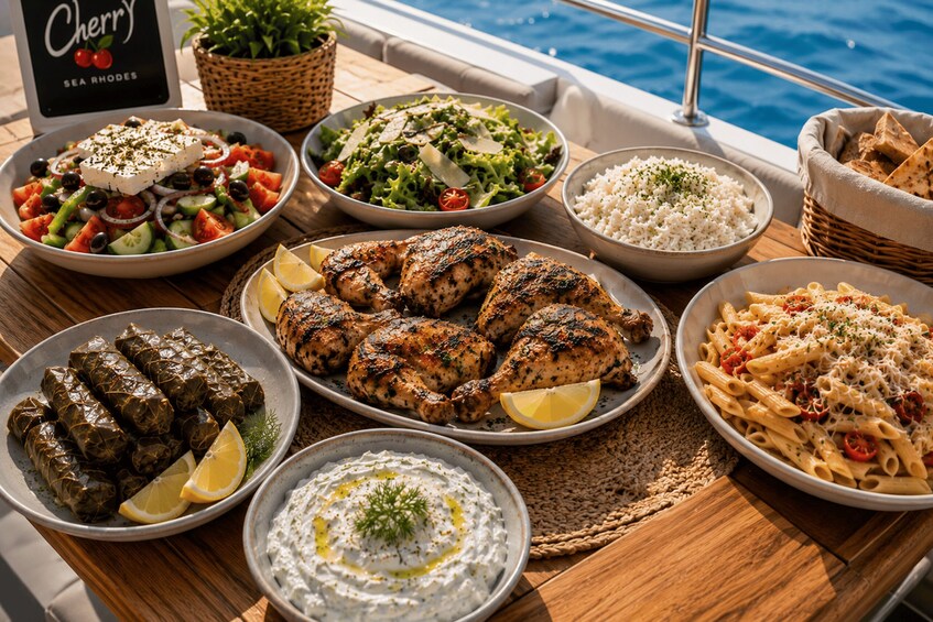 A variety of Mediterranean dishes on a wooden table by a boat. 5