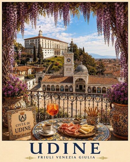 A terrace with a view of a historic building, a table with food and drink, and hanging purple flowers. 2