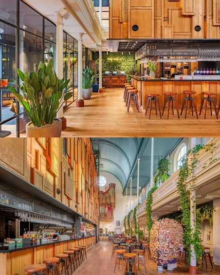 A modern bar with wooden accents, a green wall, and a variety of seating options. 4