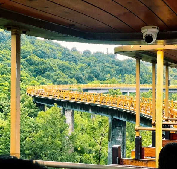 A yellow bridge with a camera on the right, surrounded by lush green forest. 2