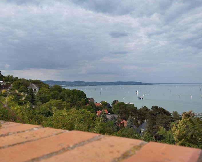 A coastal town with houses, a body of water, sailboats, and distant hills. 4