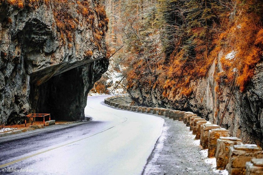 A winding road through a rocky gorge with a bench and guardrails. 5