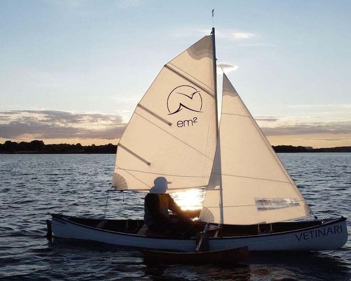 A sailboat named 'VETINARI' with a logo 'em2' on its sail, sailing on calm water. 3
