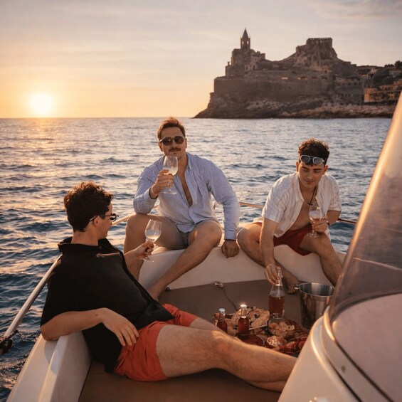 Three people on a boat with a coastal city in the background. 4