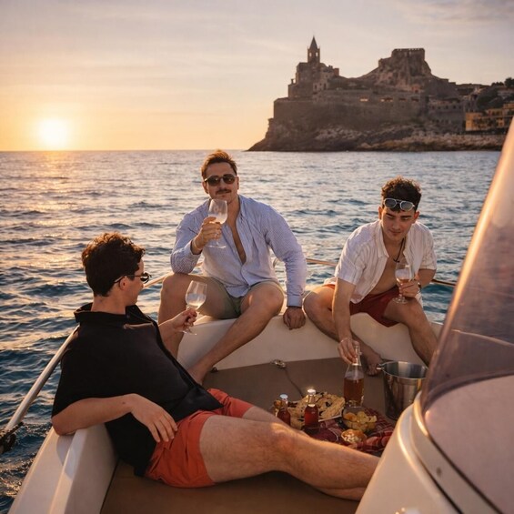 Three people on a boat with drinks, a bottle of wine, and a bottle of beer, with a historic building in the background. 1
