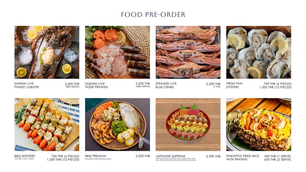 A variety of seafood dishes with their respective weights and prices. 2