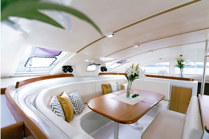 A boat interior with a cushioned seating area, a wooden table, and a potted plant. 4