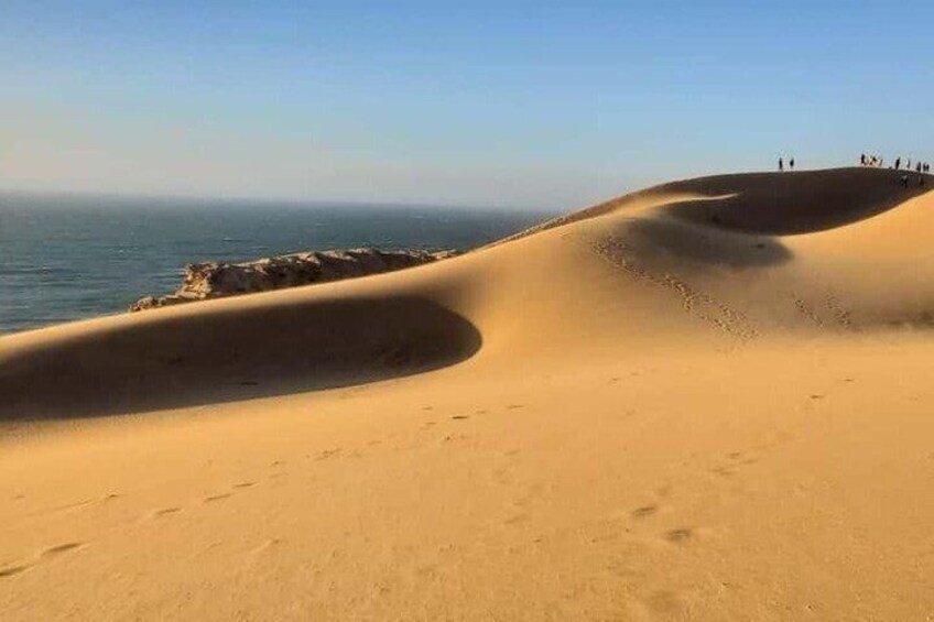 Sand dunes, a clear sky, and the ocean. 1