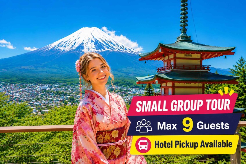 A person in traditional Japanese attire, a temple, and Mount Fuji in the background. 1