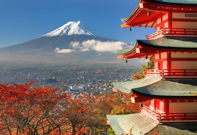 A red pagoda, Mount Fuji, and autumn foliage. 2