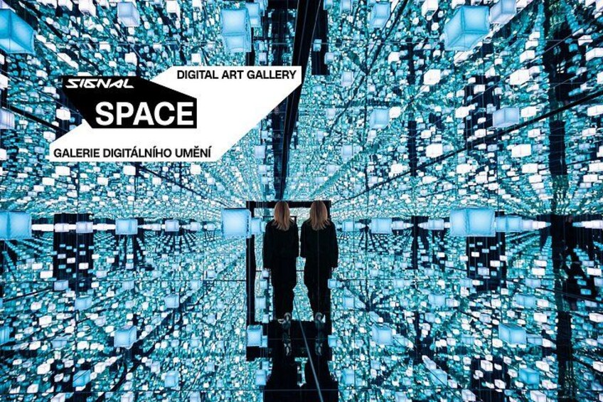 A digital art gallery with a person standing in front of a mirrored ceiling. 1