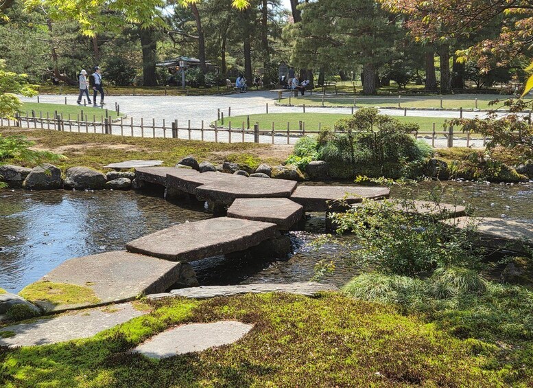 A tranquil garden with a pond, stepping stones, and a wooden fence. 2