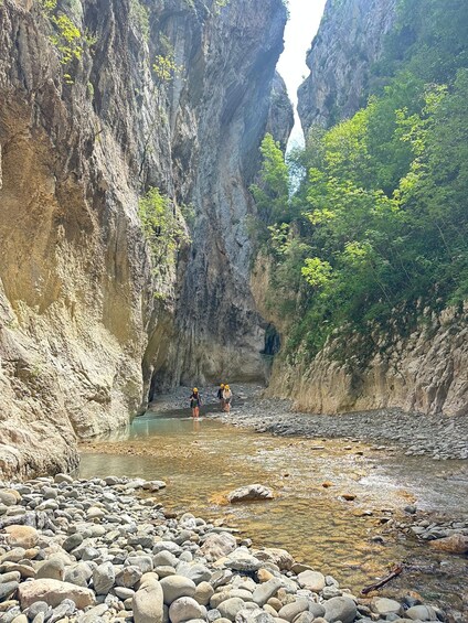 A canyon with a river, rocky terrain, and vegetation. 5