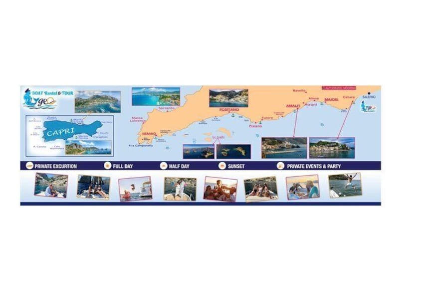 A map of Capri with labeled towns and a boat tour route. 1