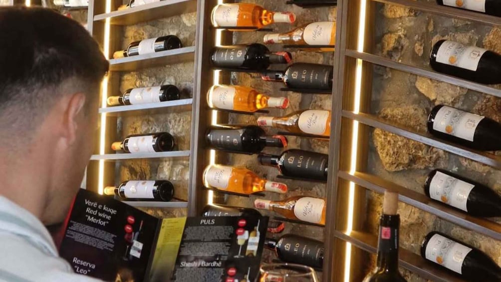 A person examining wine bottles in a cellar. 4