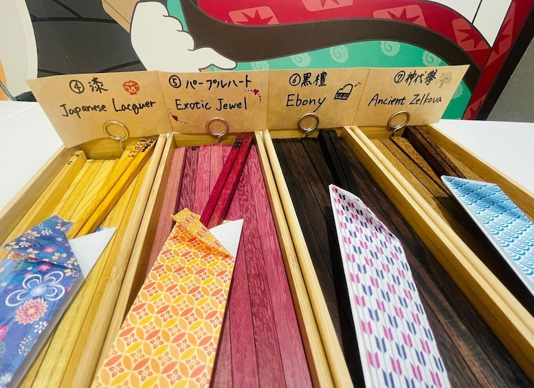 A display of colorful kimonos with labels indicating different styles and themes. 3