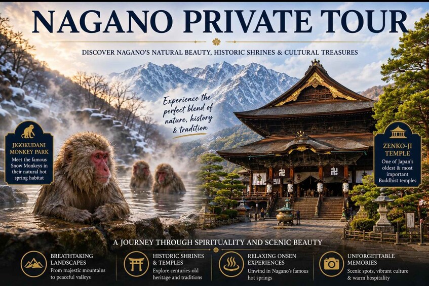 A promotional poster for a Nagano private tour highlighting natural beauty, historic shrines, and cultural treasures. 1