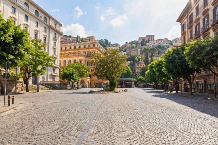 A cobblestone street lined with trees and historic buildings. 2