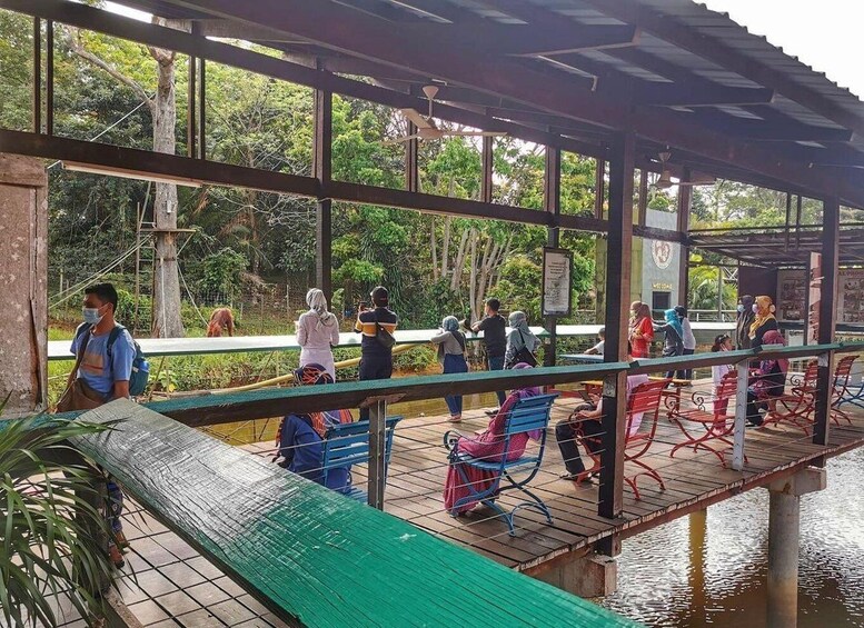 A covered viewing area with benches and a railing overlooking a body of water. 2