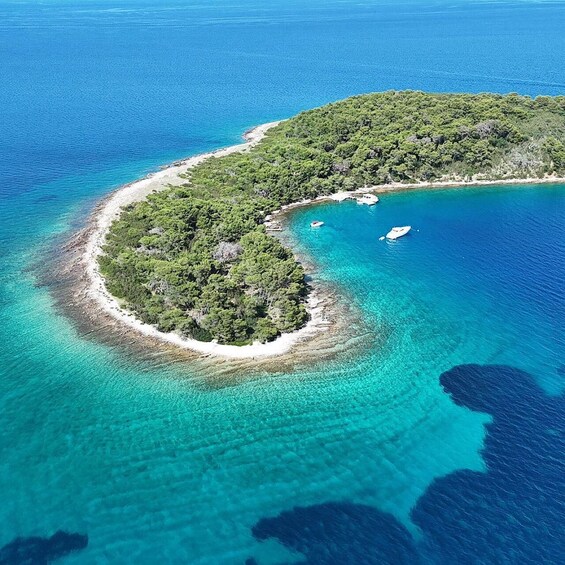 An aerial view of a small island with clear turquoise waters and lush green vegetation. 3