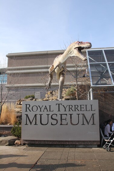 A dinosaur statue in front of the Royal Tyrrell Museum. 2