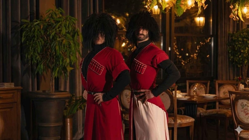 Two people in red uniforms with black belts and white pants standing in a warmly lit room with wooden furniture and plants. 1