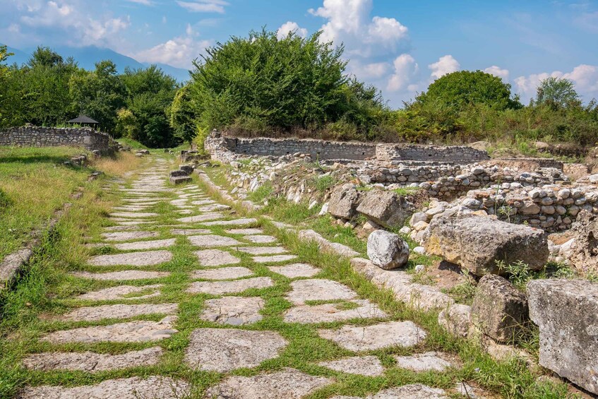Ancient stone ruins with a stone pathway leading through them. 3
