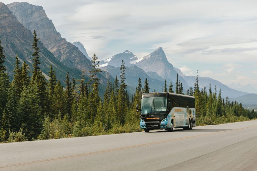 A tour bus on a road with mountains in the background. 1