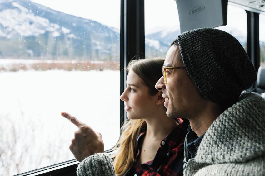 A person pointing outside a window with snow-covered mountains in the background. 4