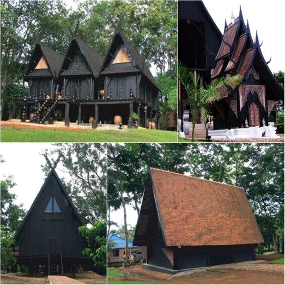 A traditional wooden house with a steeply pitched roof, surrounded by lush greenery. 1