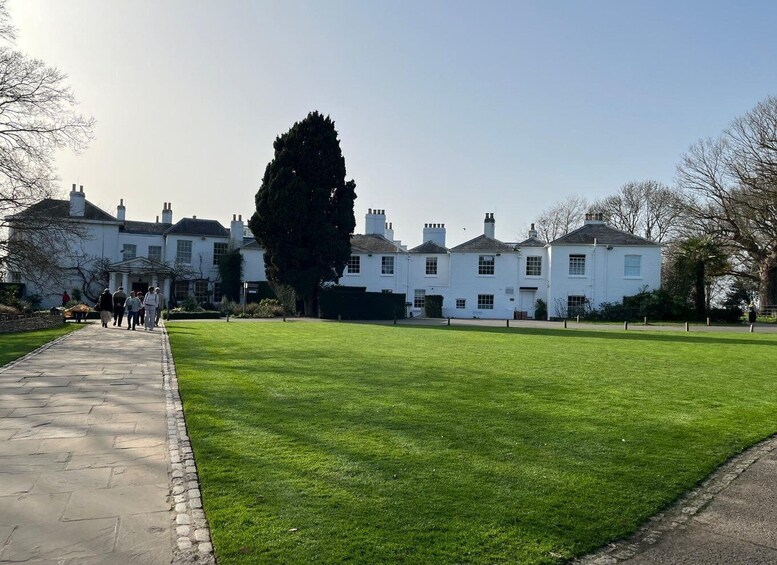 A row of white houses with a large tree in the foreground. 4