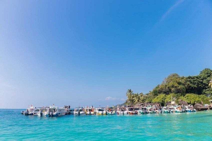 A calm sea with several boats docked along the shore, surrounded by lush greenery. 2