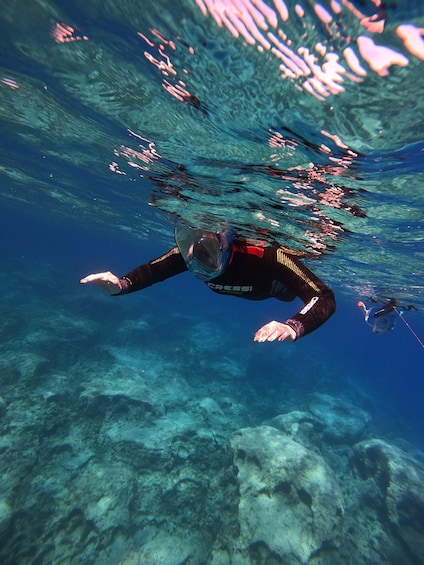 A person scuba diving underwater with a clear view of the rocky seabed. 3