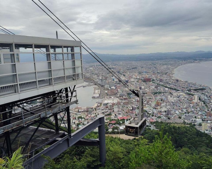 A cable car system with a cityscape in the background. 3