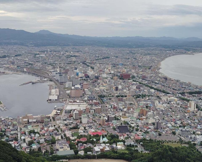 A coastal cityscape with a dense urban area, a prominent waterfront, and distant mountains. 5