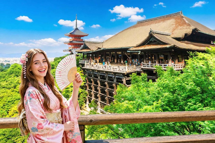 A person in traditional attire holding a fan, with a pagoda and a wooden building with a thatched roof in the background. 1