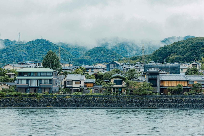 A coastal town with traditional and modern houses, a stone seawall, and a forested hill in the background. 4