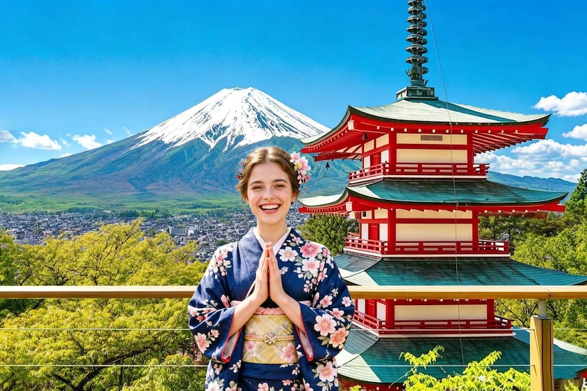A person in traditional Japanese attire with a mountain and a pagoda in the background. 1