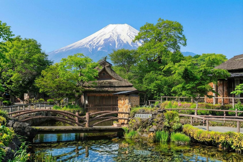 A traditional Japanese garden with a bridge, pond, and a hut, with Mount Fuji in the background. 5