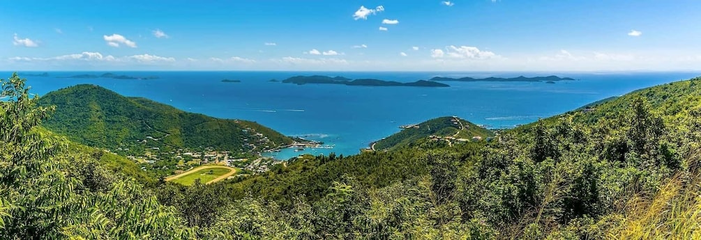 A coastal landscape with lush greenery, a winding road, and a clear view of the ocean. 2