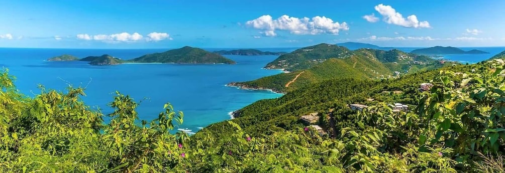 A coastal landscape with lush greenery, a clear blue sea, and distant islands. 1