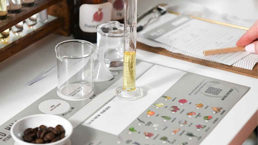 A laboratory setting with a test tube, a beaker, and a coffee cup. 5