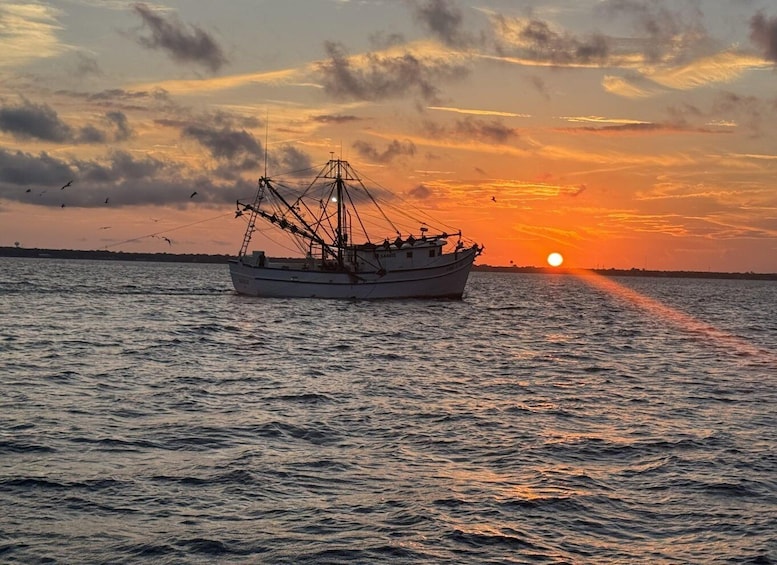 A fishing boat on calm waters at sunset with the sun low on the horizon. 4