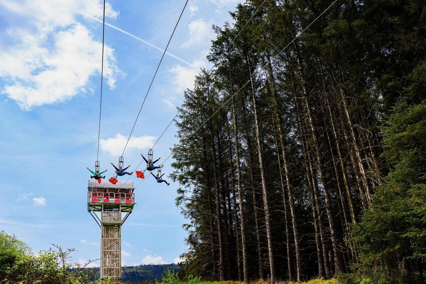 A cable car system with passengers in harnesses, surrounded by dense forest and a clear sky. 3