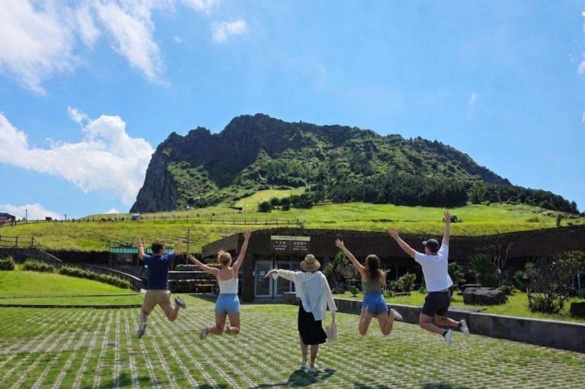 A group of people jumping in a grassy area with a mountain in the background. 1